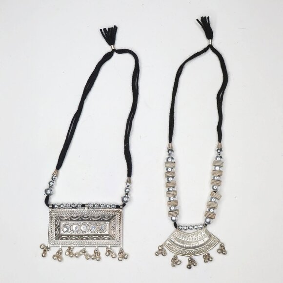 Set of 2 Handmade Ornate Silver Pendant Necklaces Yarn Cord Statement Jewelry - Picture 8 of 8